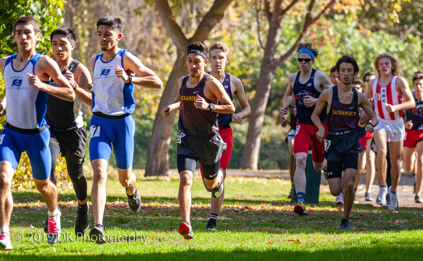 City College's (left) Xavier Morales and James Womack (right) at the front of the pack to start the Big 8 Final at Tuolumne River Regional Park on Nov. 1st.