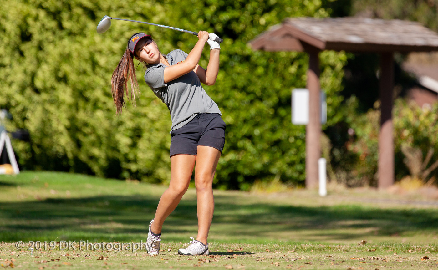 Gabriella Herrera, City College sophomore hitting her drive on hole #11 at the Big 8 #7 Golf Tournament at Butte Country Club Golf Course on Oct. 17th.
