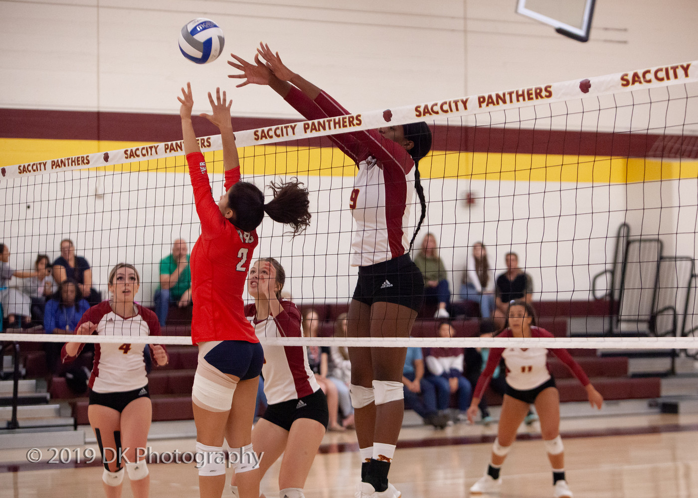 Jaylah Tate (#9), City College sophomore goes up for the block in the match against American River College in the North Gym on Oct. 4th.