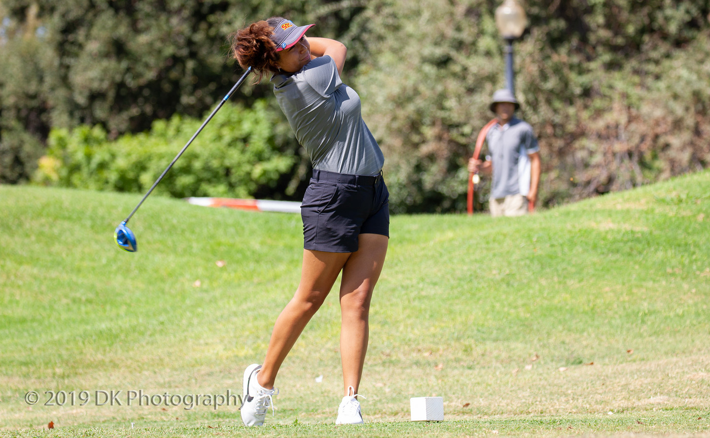 Arrianna Custodio, City College sophomore watches her drive on the first tee at the Big 8 Tournament at Bartley Cavanaugh Golf Course on Sept. 4th.