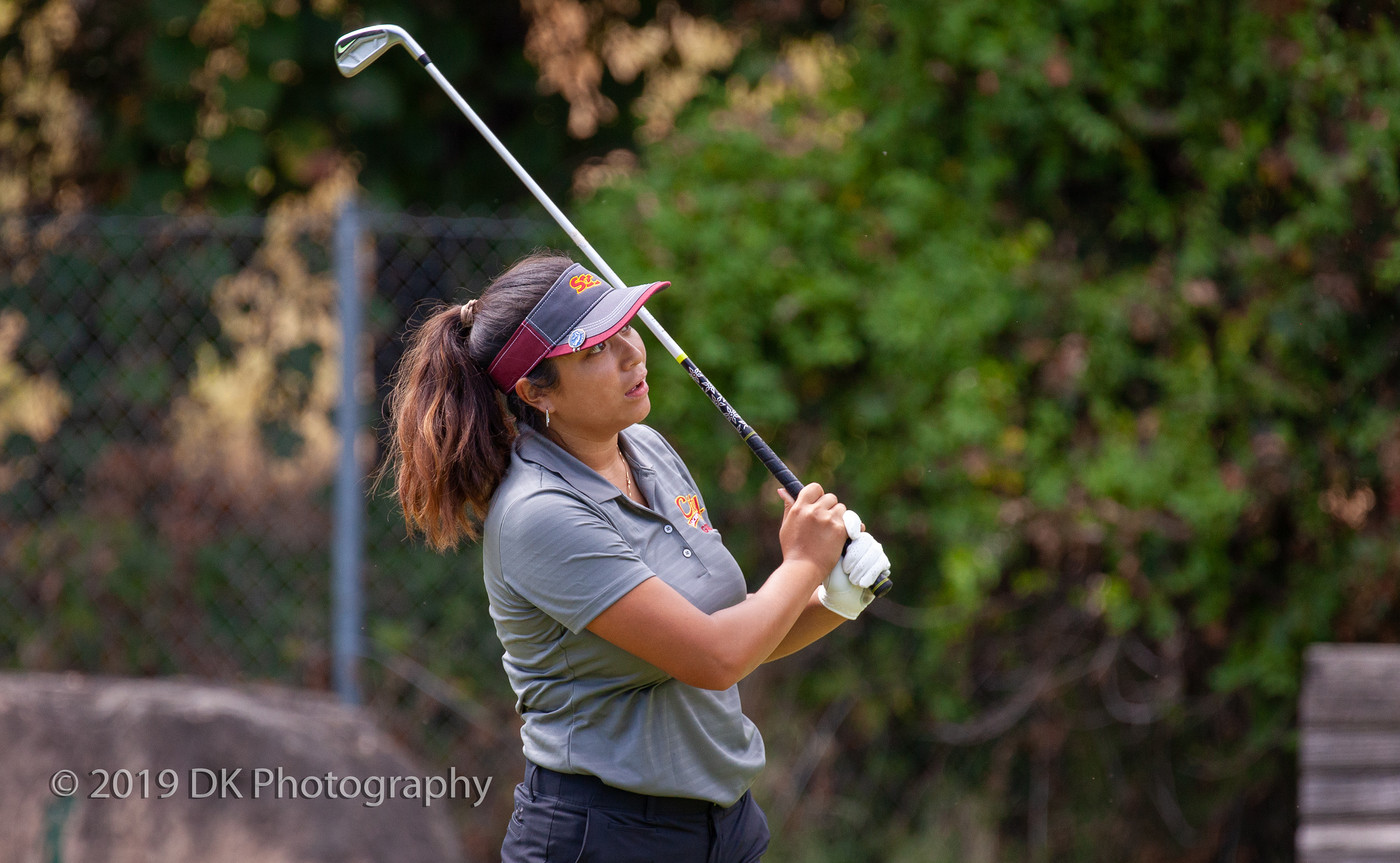 Arrianna Custodio, City College sophomore watches her drive on the fifth tee at the Big 8 Tournament at Bartley Cavanaugh Golf Course on Sept. 4th.