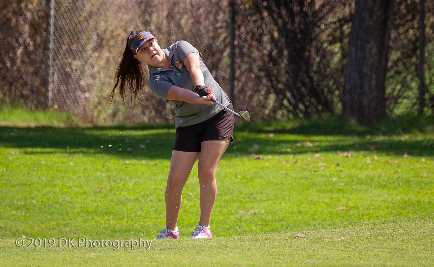 Erica Solorio, City College freshman watches her chip shot as she approaches the green on hole #4 at the Big 8 Tournament at Bartley Cavanaugh Golf Course on Sept. 4th.