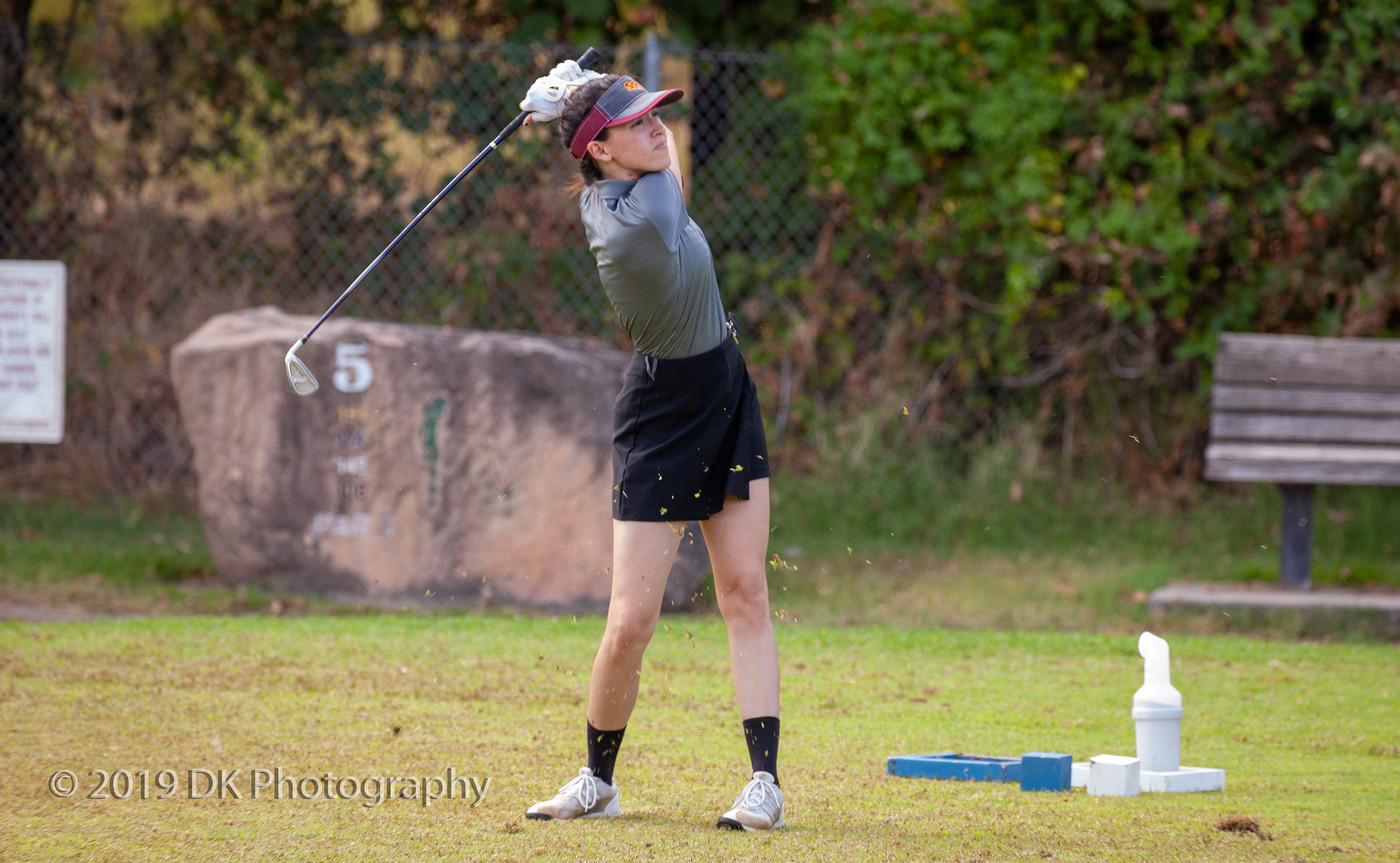 Savannah Gonzales, City College freshman watches her drive on hole #5 at the Big 8 Tournament at Bartley Cavanaugh Golf Course on Sept. 4th.