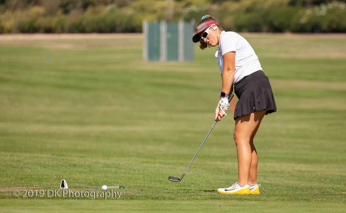 Ryley Krum, City College sophomore stares down her chip  shot on the 6th hole at the Jan High Memorial at Bing Maloney Golf Course on Oct. 8th.