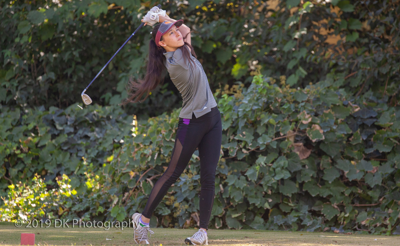 Savannah Gonzales, City College freshman stares down her tee shot on the 3rd hole at the Jan High Memorial at Bing Maloney Golf Course on Oct. 8th.