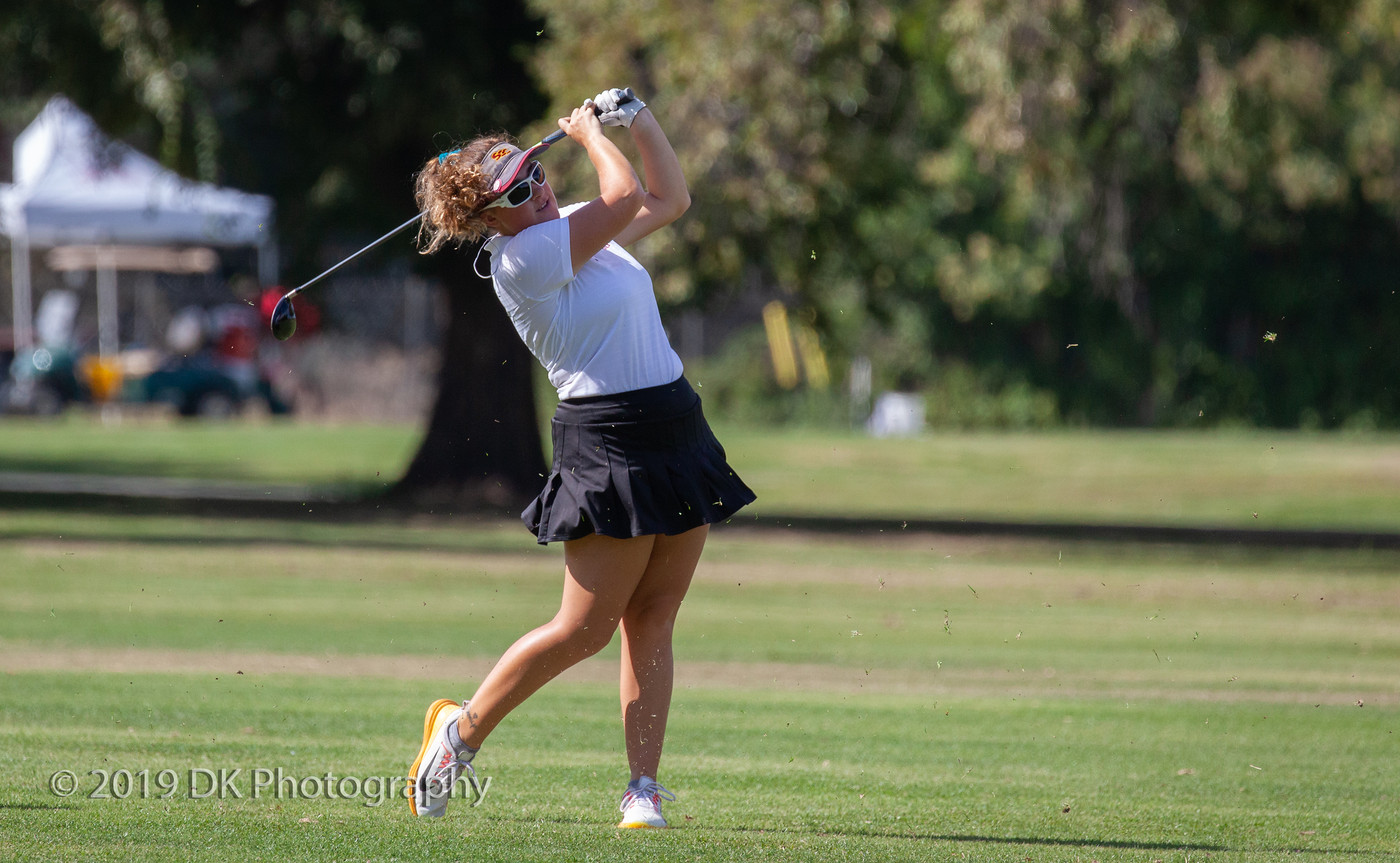 Ryley Krum, City College sophomore stares down her approach shot on the 7th hole at the Jan High Memorial at Bing Maloney Golf Course on Oct. 8th.