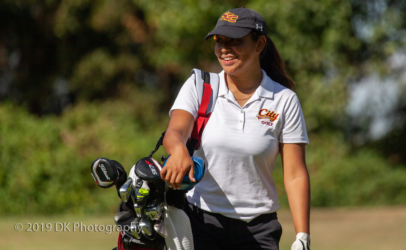 Arrianna Custodio, City College sophomore is all smiles as she leaves the 10th green at the Jan High Memorial at Bing Maloney Golf Course on Oct. 8th