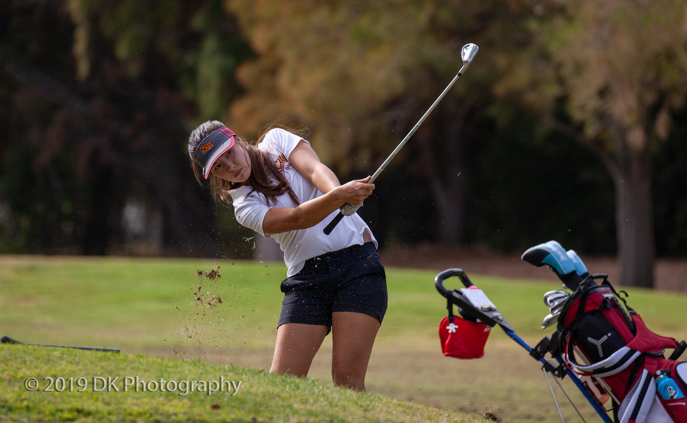 Gabriella Herrera, City College sophomore stares down short shot to the 10th hole at the Jan High Memorial at Bing Maloney Golf Course on Oct. 8th. 