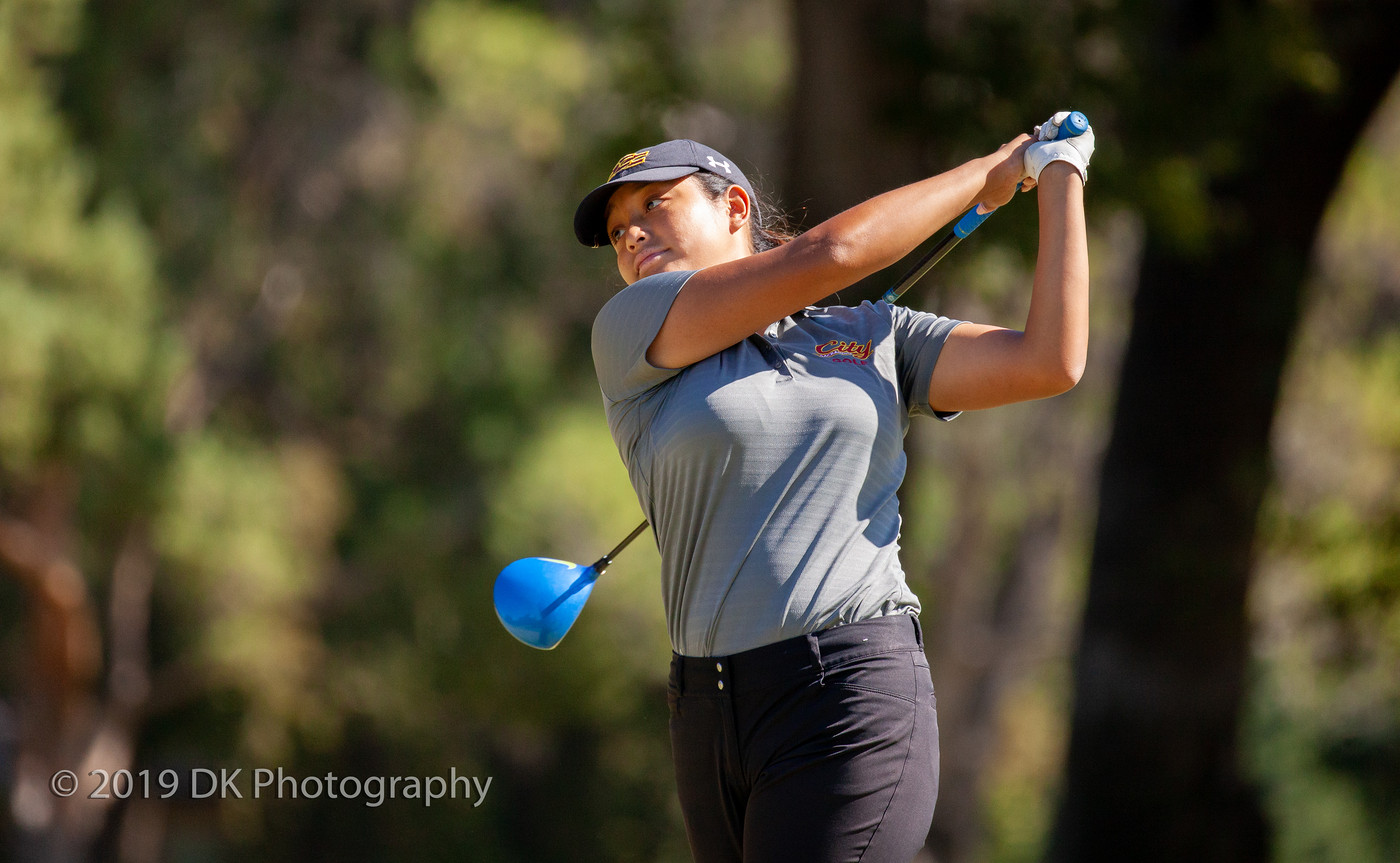 Arrianna Custodio, City College sophomore watchers her drive on hole number 14 at the Big 8 #7 Golf Tournament at Butte Country Club Golf Course on Oct. 17th.