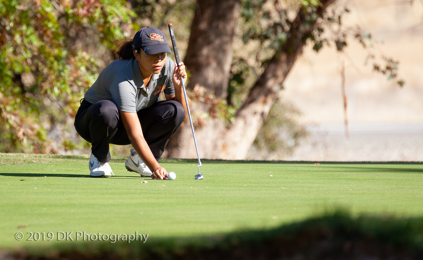 Arrianna Custodio, City College sophomore lines up her putt on hole number 14 at the Big 8 #7 Golf Tournament at Butte Country Club Golf Course on Oct. 17th.