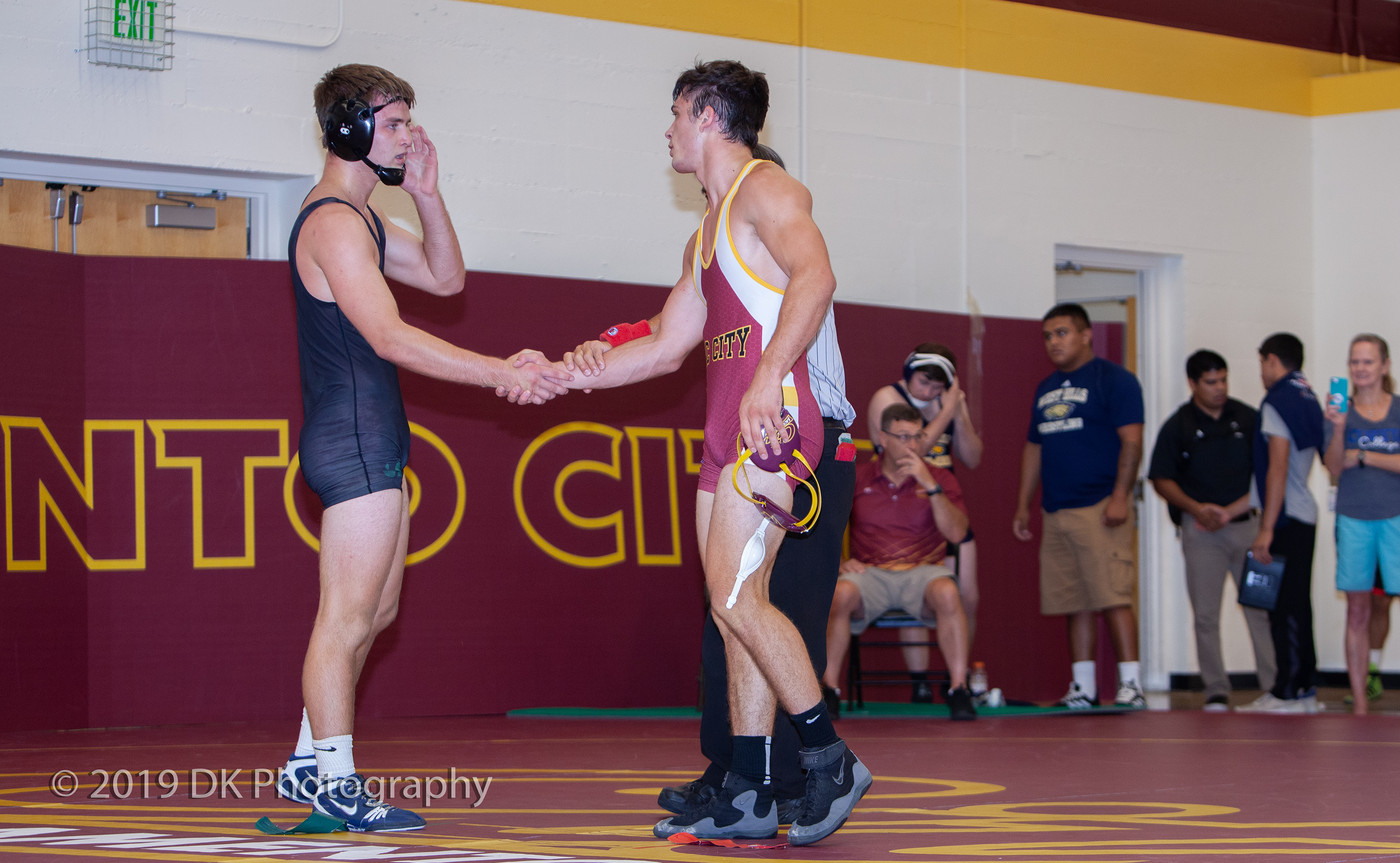 Hunter Larue, City College sophomore shakes hands after winning his match against Kai Schaefer of Cuesta College at the Sac City Invite in the North Gym on Sept. 21st.