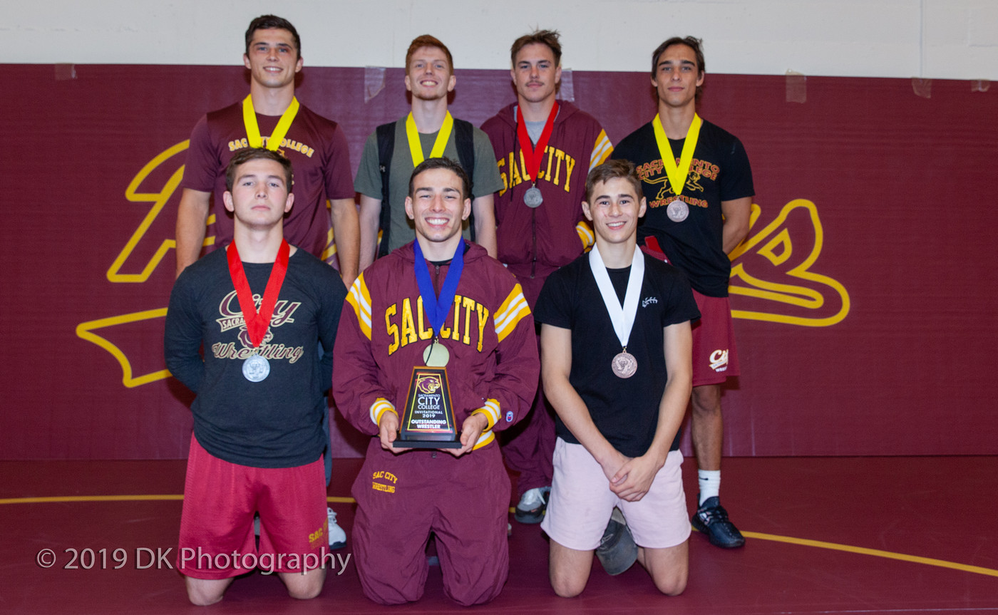 City College medal winners back row Hunter Larue (left), Trevor Mattox, Chase Miles, Cole Kachmar and front row Manny Curry (left), Paul Ortiz and Jacob Hiller at the Sac City Invite in the North Gym on Sept. 21st