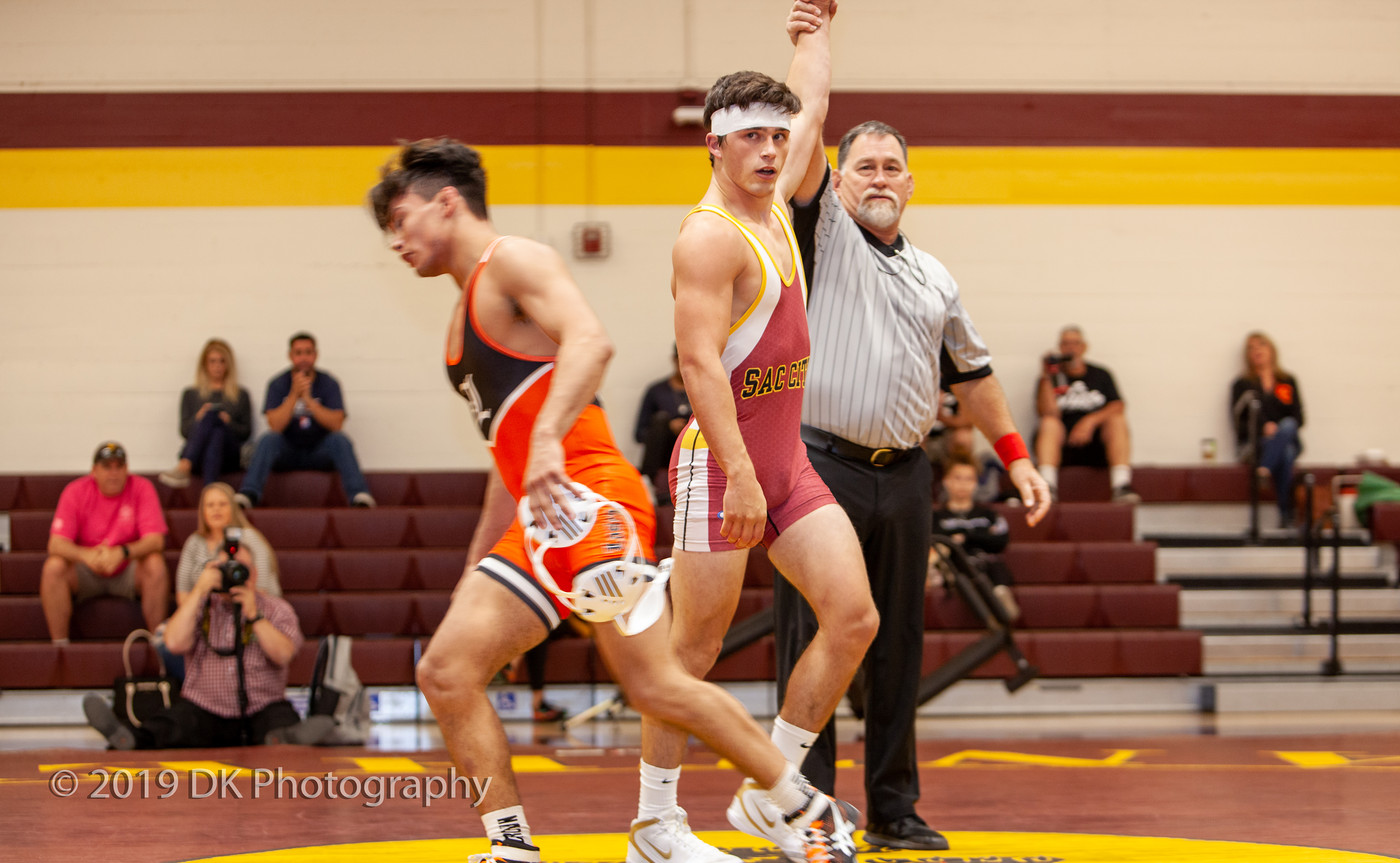 Hunter LaRue, City College sophomore wins by fall over Gabriel DeHaro from Lassen College at the North Gym on Oct. 9th.