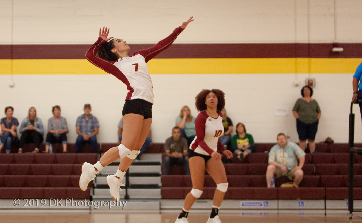 Nadia Sabbaghian (#7), City College freshman goes up for the ball in the match against Feather River College at the North Gym on Aug. 30th.