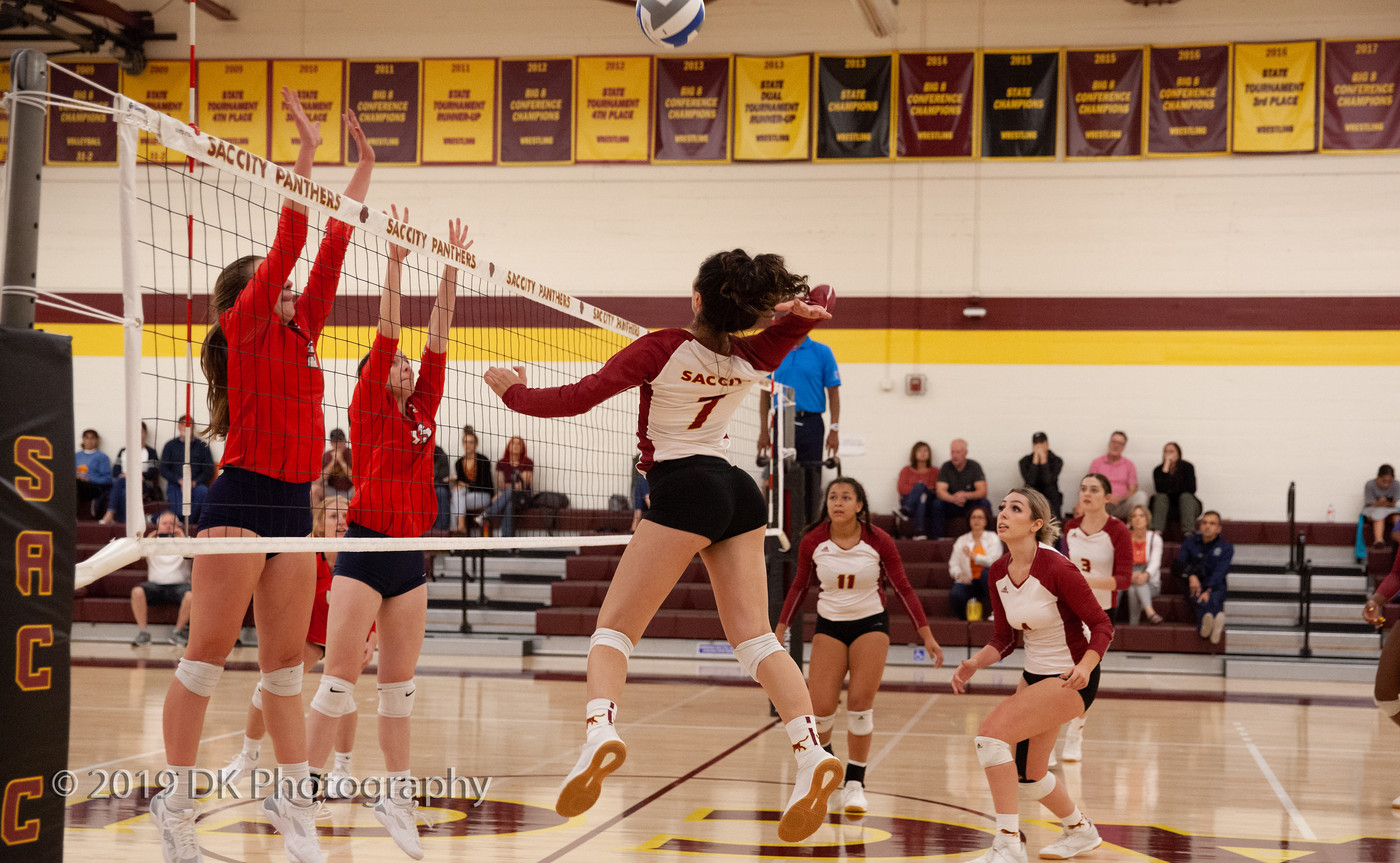 Nadia Sabbaghian (#7), City College freshman goes up for the spike in the match against American River College in the North Gym on Oct. 4th.