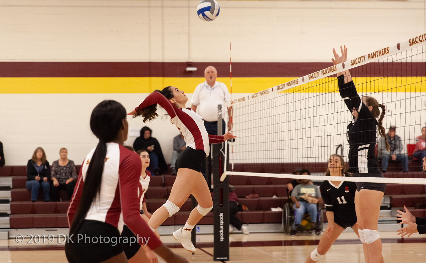 Nadia Sabbaghian (#7), City College freshman goes for the spike in the match against Sierra College at the North Gym on Oct. 9th.