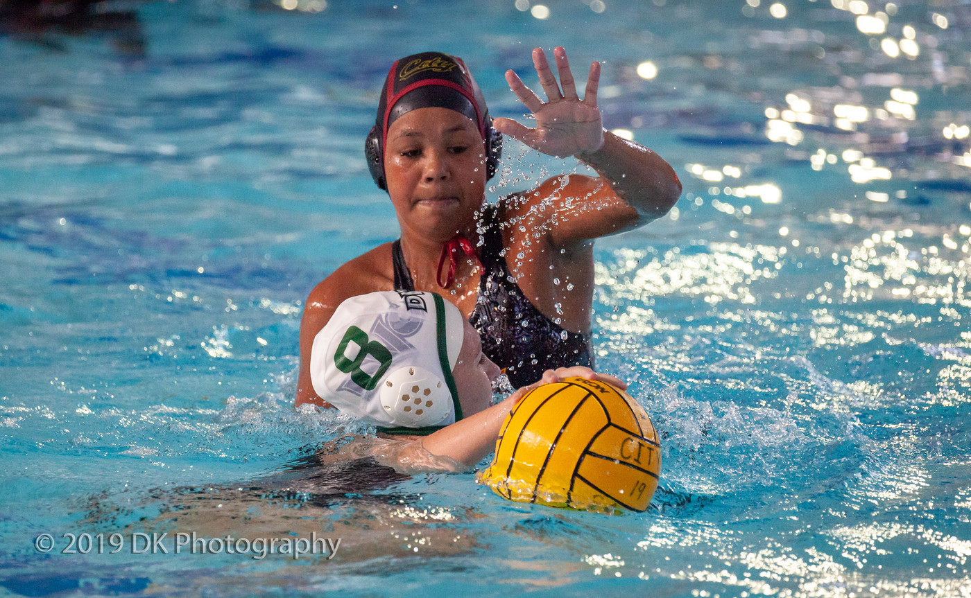 Brooke Bowen-Seay (#12), City College freshman defends in the match against Diablo Valley College at Hoos Pool on Oct. 2nd.