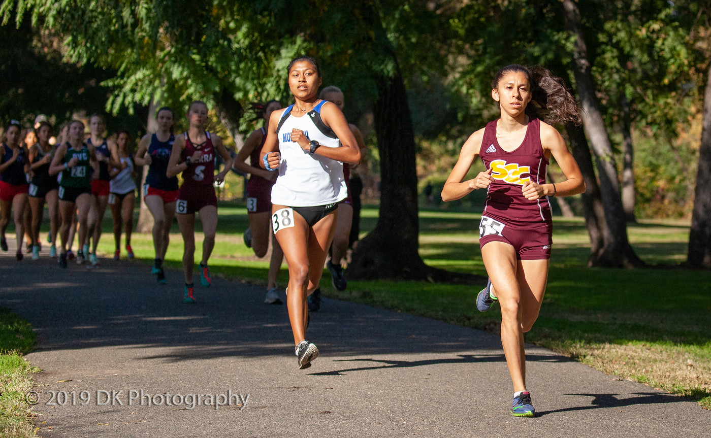 Maritza Tellez, City College sophomore stays close to the font of the pack at the Big 8 Final at Tuolumne River Regional Park on Nov. 1st.